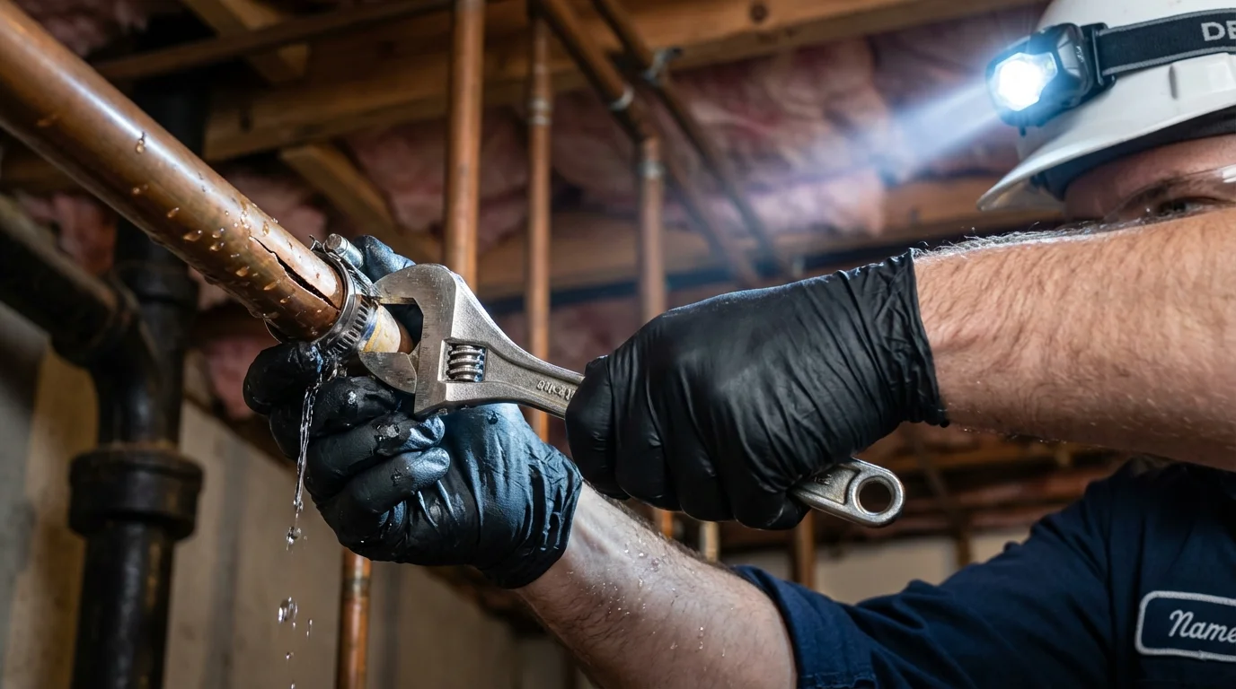 Emergency pipe clamp repair being performed by a Johns Plumbing LLC plumber in Clute