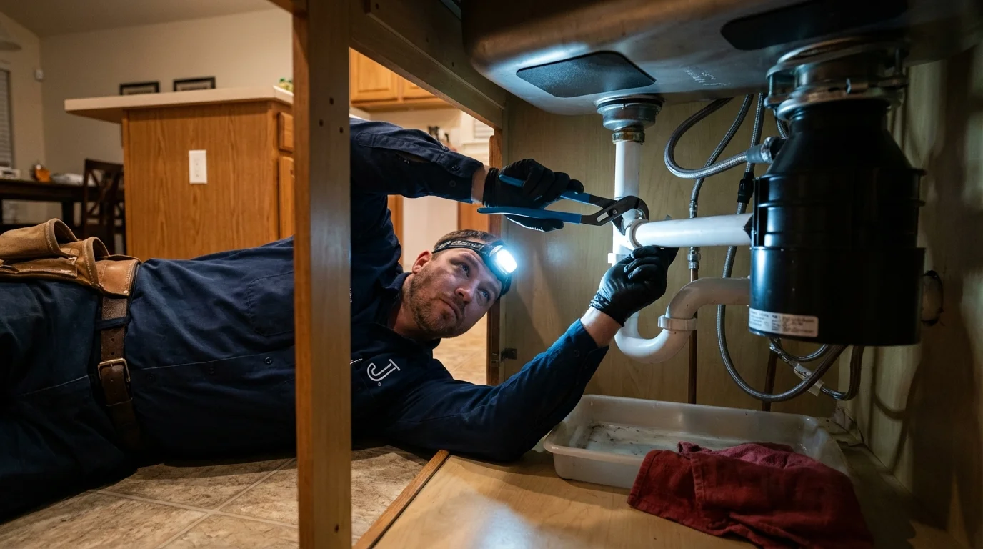P-trap and supply line connections under a kitchen sink showing a common leak point in Clute, TX